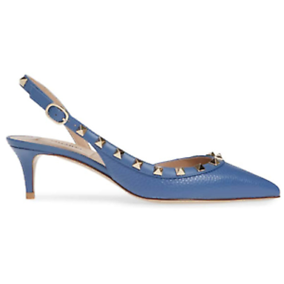 Valentino Rockstud 50 Blue Gold Stud Slingback Strap Sandal Kitten Heel Pump 38 - Picture 1 of 11